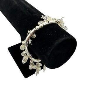 Silver Tone Snowflake Charm Bracelet with Crystal Beads Expandable Bangle